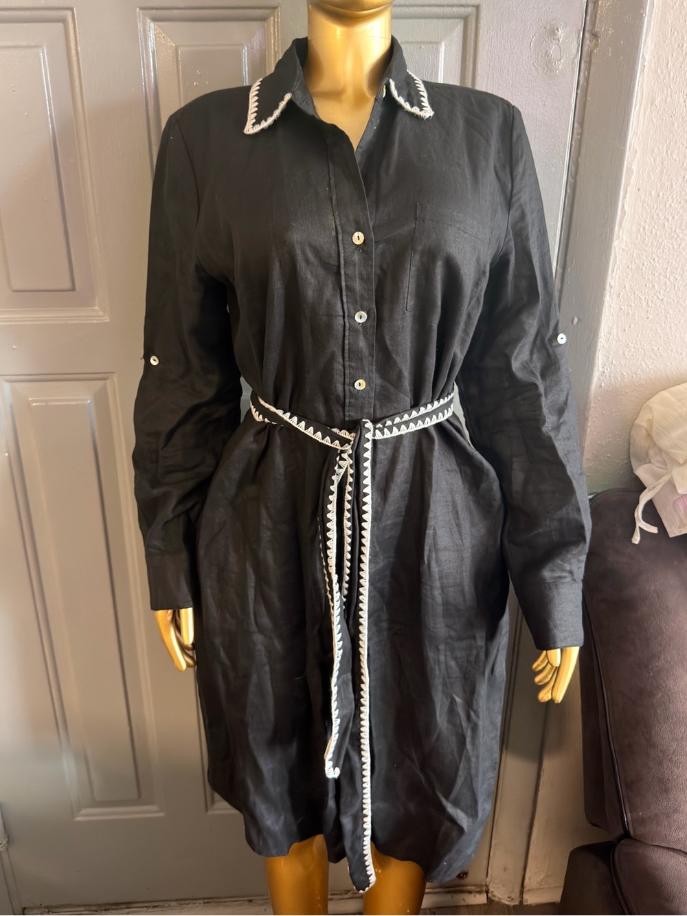 Magaschoni Black Shirt Dress with White Trim